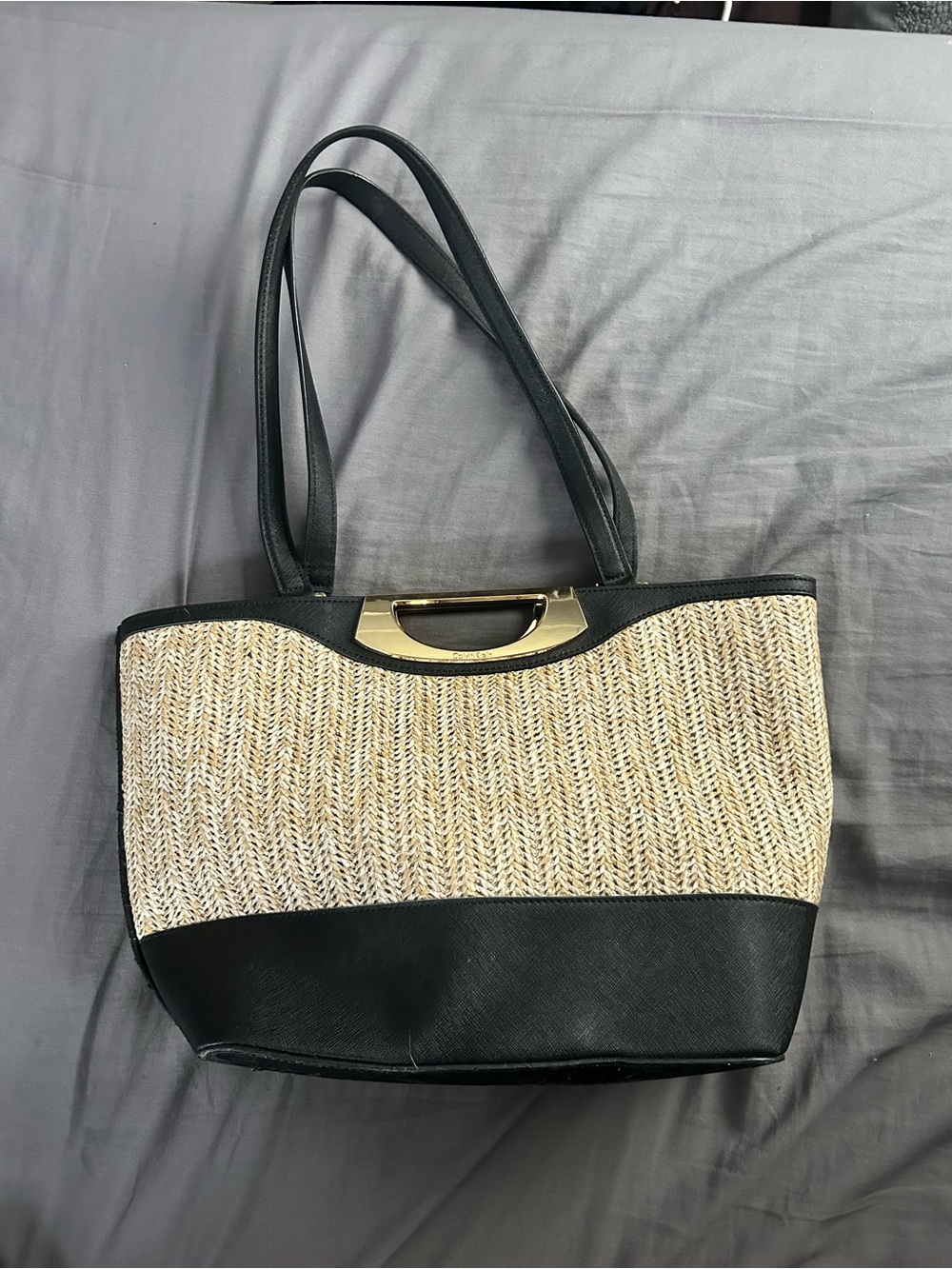 Calvin Klein Black and Natural Straw Tote with Gold Accent